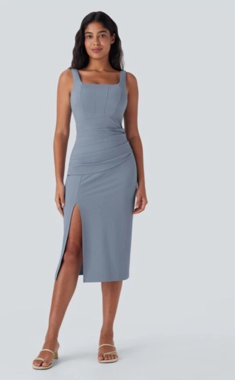 Halara Dress Size XS NEW Softlyzero Airy Corset Ruched Blue Corset Bodycon Midi